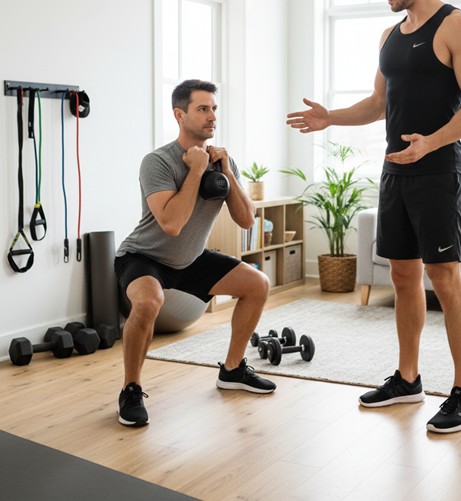 Coach sportif aidant un homme à faire un squat avec un kettlebell